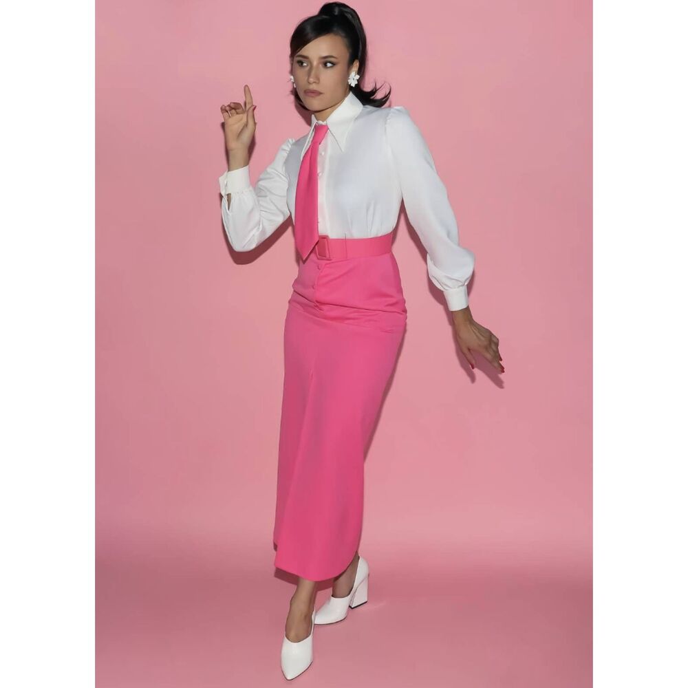 Pink‎ White Belted Pencil Midi Dress Slit Mock Blouse Office Chic Barbie Small